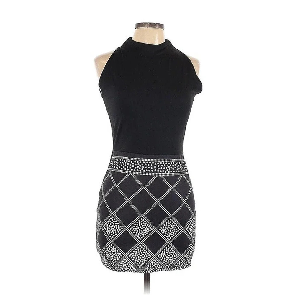 NWT CBR Cocktail Dress Womens Black White Sleeveless Mock Mini Ruched Large